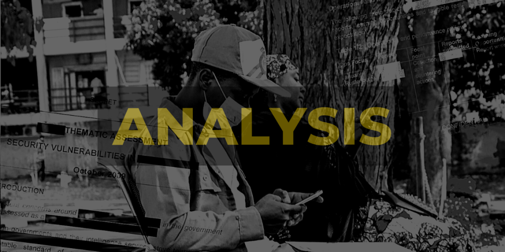 Black and white image of a masked person using a cell-phone, superimposed with partly redacted documents. 'ANALYSIS' appears in yellow. Photo credit: Ichie Opara / ALT Advisory (CC BY-NC-ND)