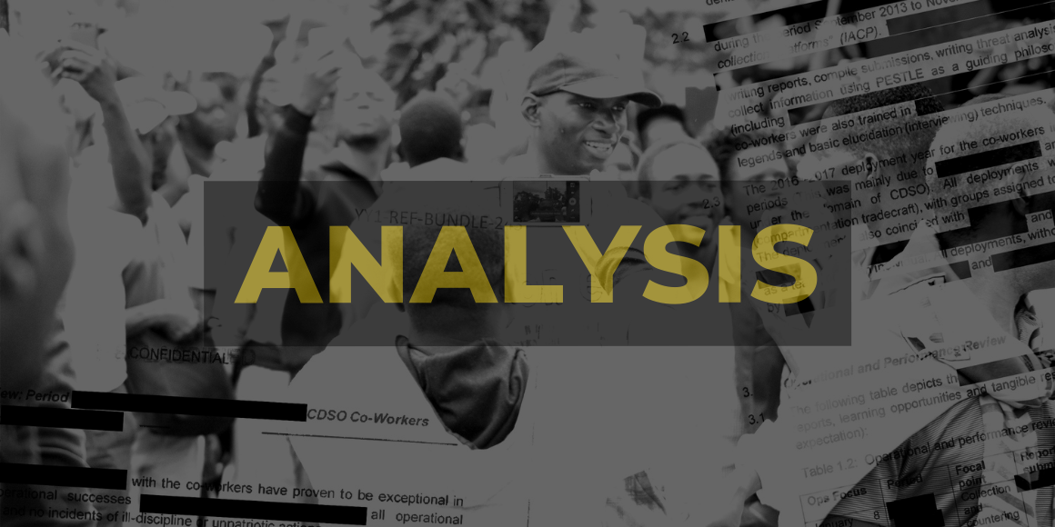 Black and white image of people in a protest gathering, with phones displayed, superimposed with redacted State Security documents. 'ANALYSIS' appears in yellow. Photo credit: Graham van de Ruit / ALT Advisory (CC BY-NC-ND)