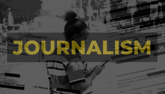 A woman stands next to a road, verge using a cell-phone, superimposed with partly redacted State Security documents. Darkened, black and white with high contrast. 'JOURNALISM' appears in yellow. Photo credit: Ichie Opara / ALT Advisory (CC BY-NC-ND)