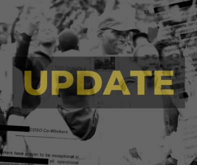 People at a protest march in Harare Zimbabwe using their phones to take videos and images. Image is superimposed with partly redacted State Security documents. Darkened, black and white with high contrast. 'UPDATE' appears in yellow. Photo credit: Graham van de Ruit / ALT Advisory (CC BY-NC-ND)