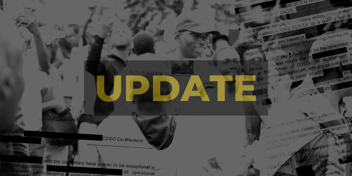 People at a protest march in Harare Zimbabwe using their phones to take videos and images. Image is superimposed with partly redacted State Security documents. Darkened, black and white with high contrast. 'UPDATE' appears in yellow. Photo credit: Graham van de Ruit / ALT Advisory (CC BY-NC-ND)